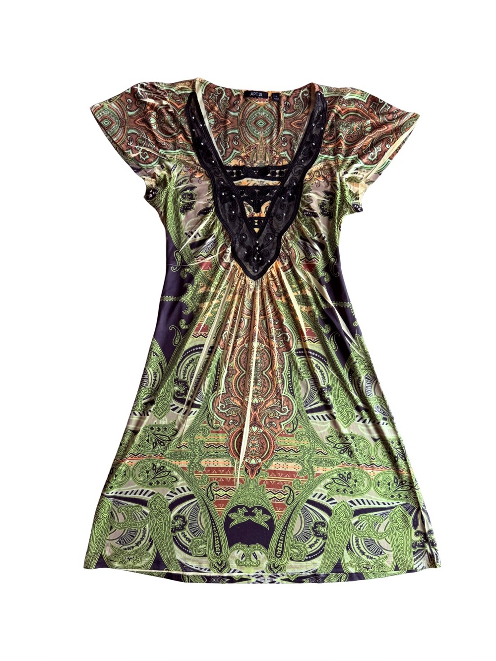 Y2K Boho Apt. 9 Green Paisley V-Neck Dress with Lace Embellished Trim